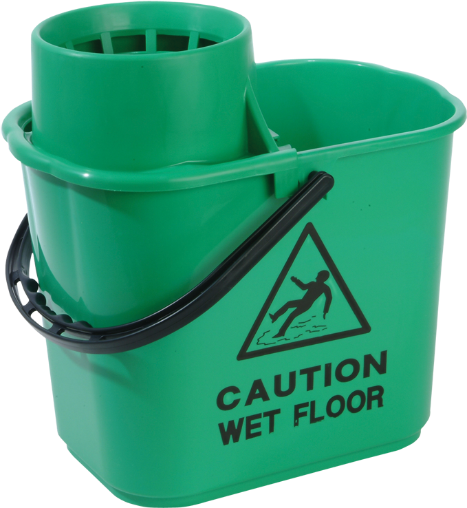 Green Mop Bucket With Wet Floor Sign PNG