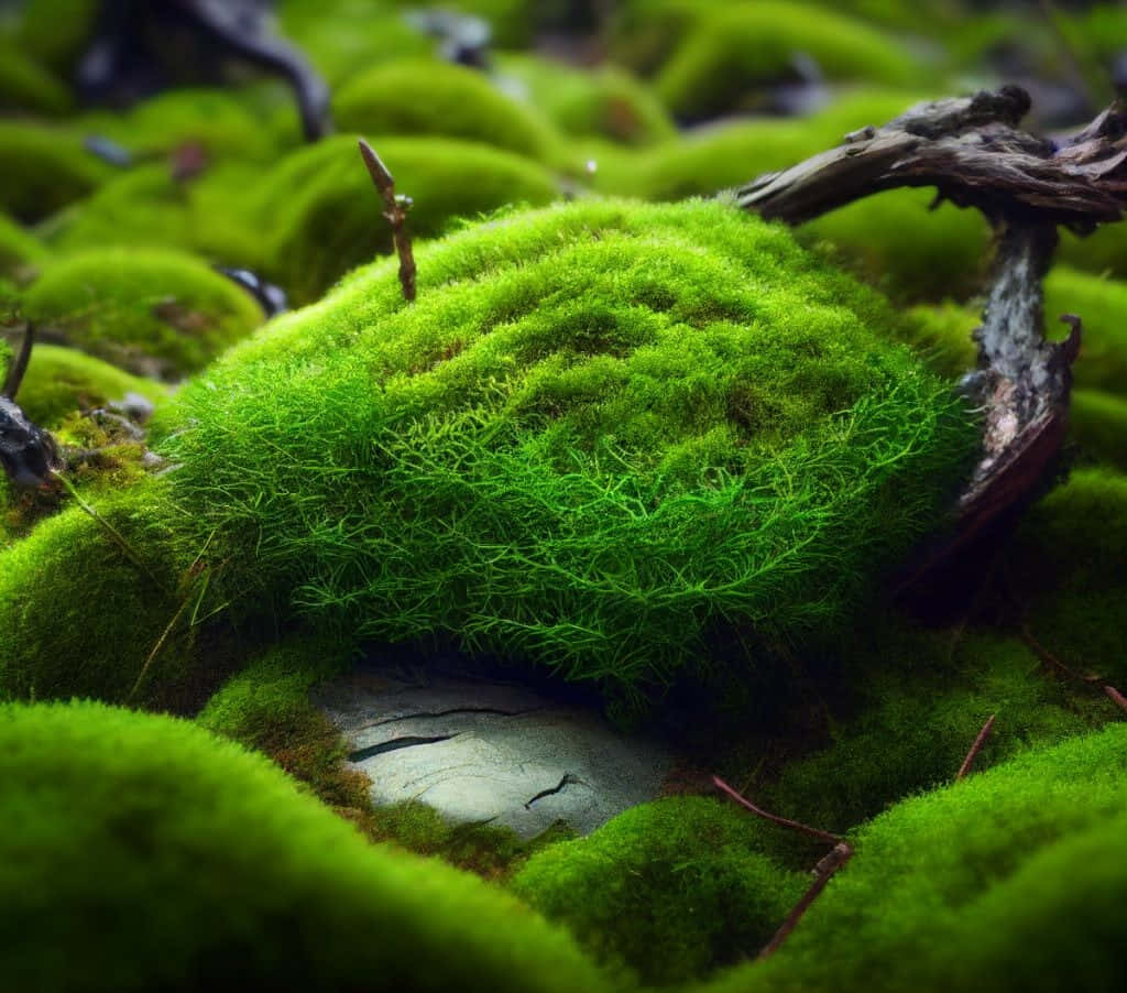 A vibrant green moss covering the forest floor. Wallpaper