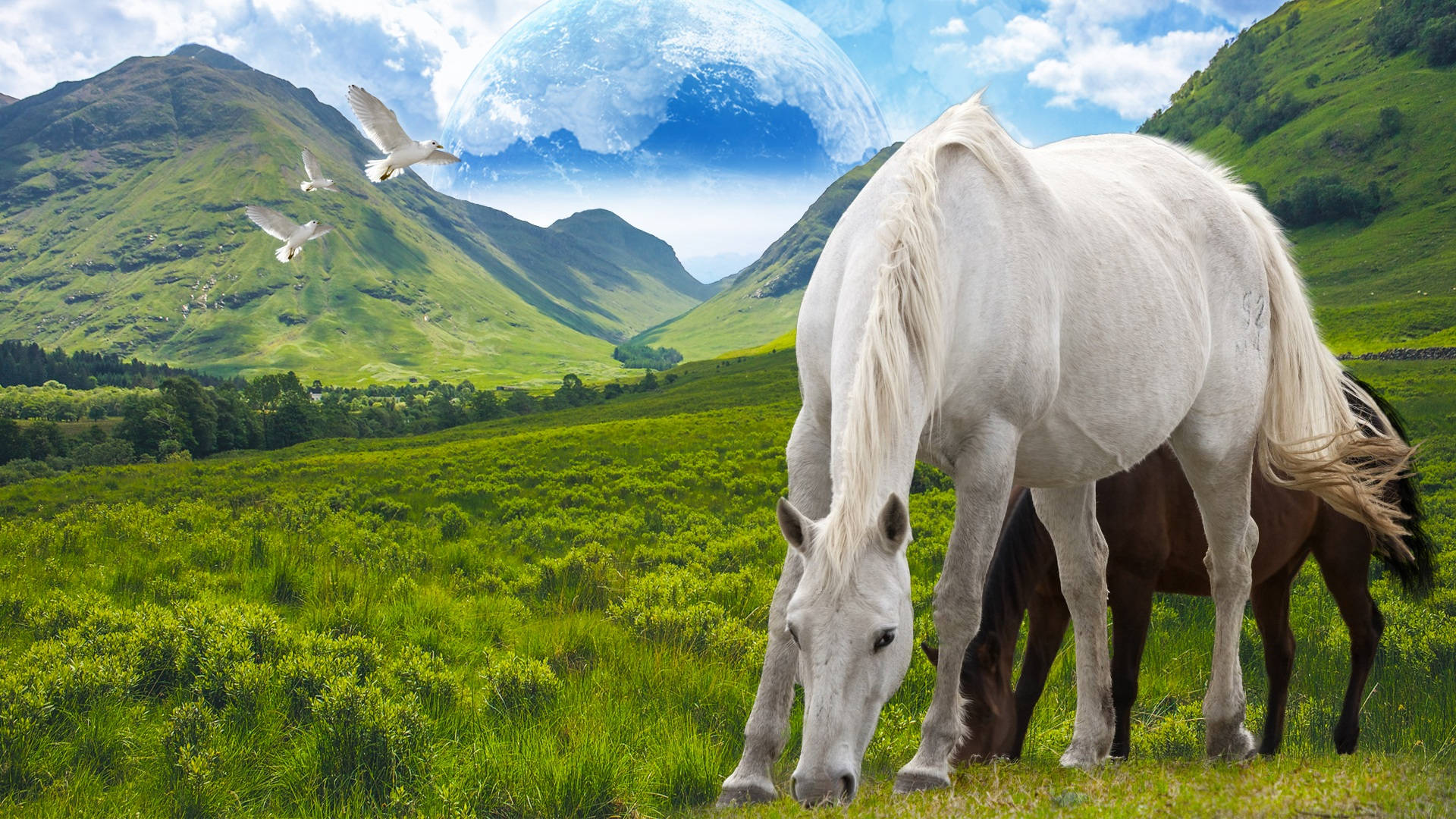 Green mountains with horses and birds fantasy art wallpaper.