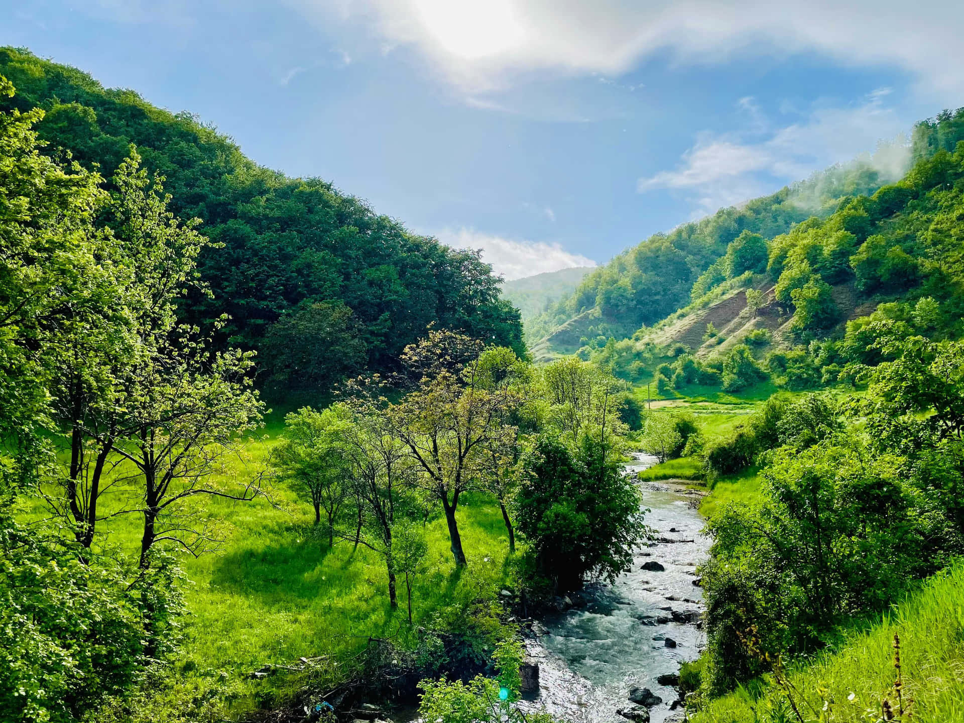 A River Runs Through A Lush Green Valley