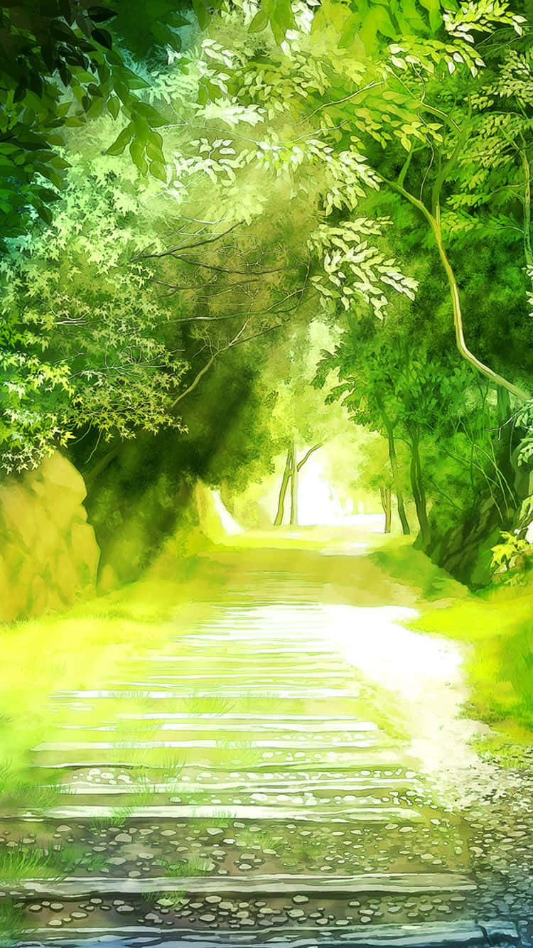 A Painting Of A Path In The Forest Wallpaper