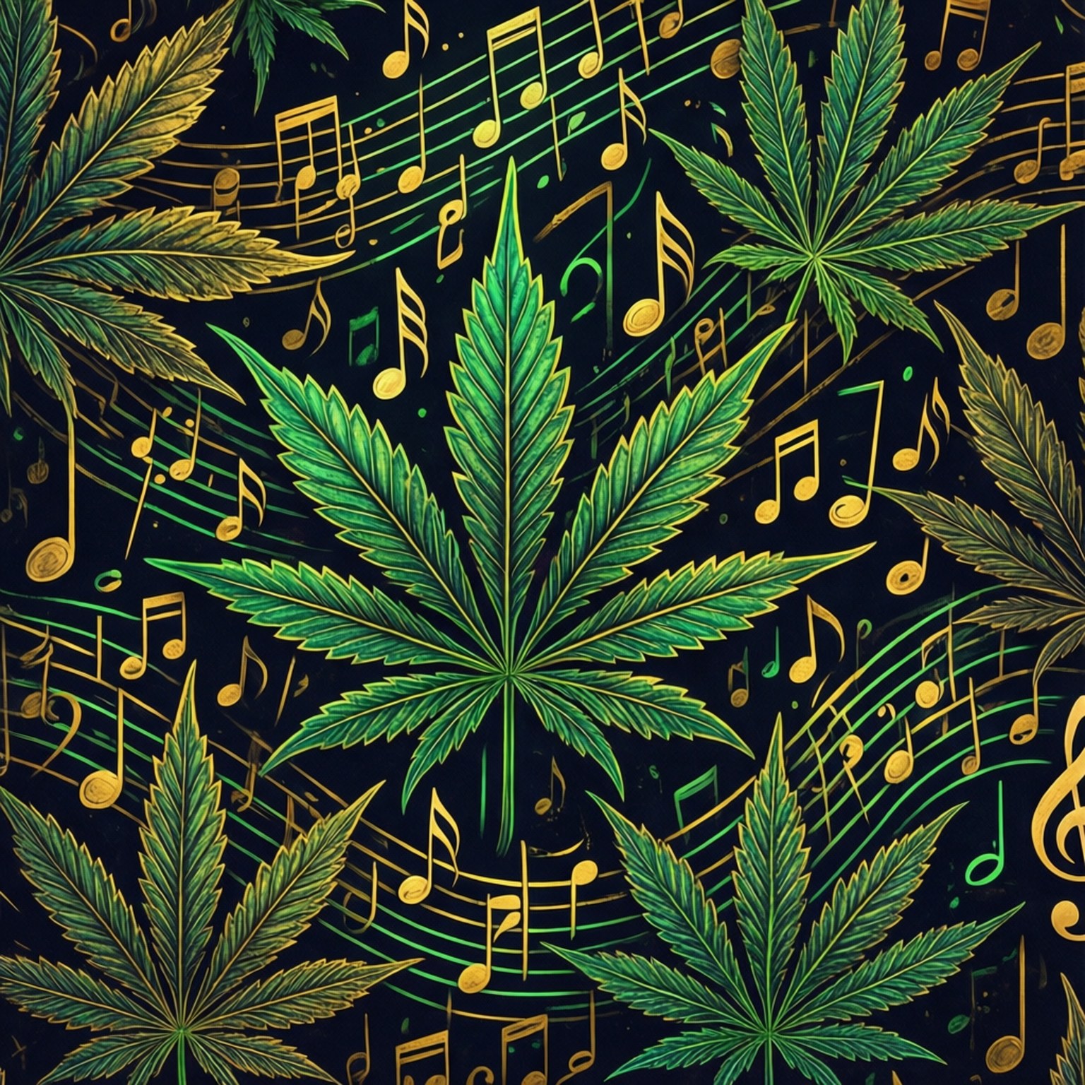 Abstrakt mönster av musiknoter och cannabisblad.