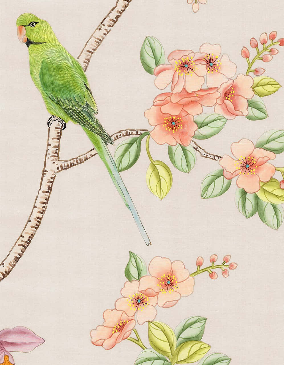 Green Parakeet Floral Pattern Wallpaper