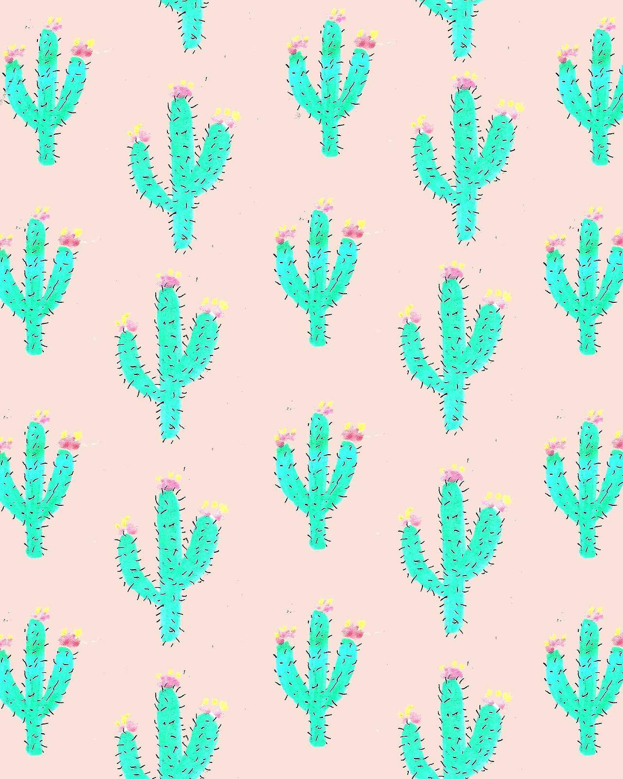 Green Pastel Cactus Pattern Pink Canvas Wallpaper
