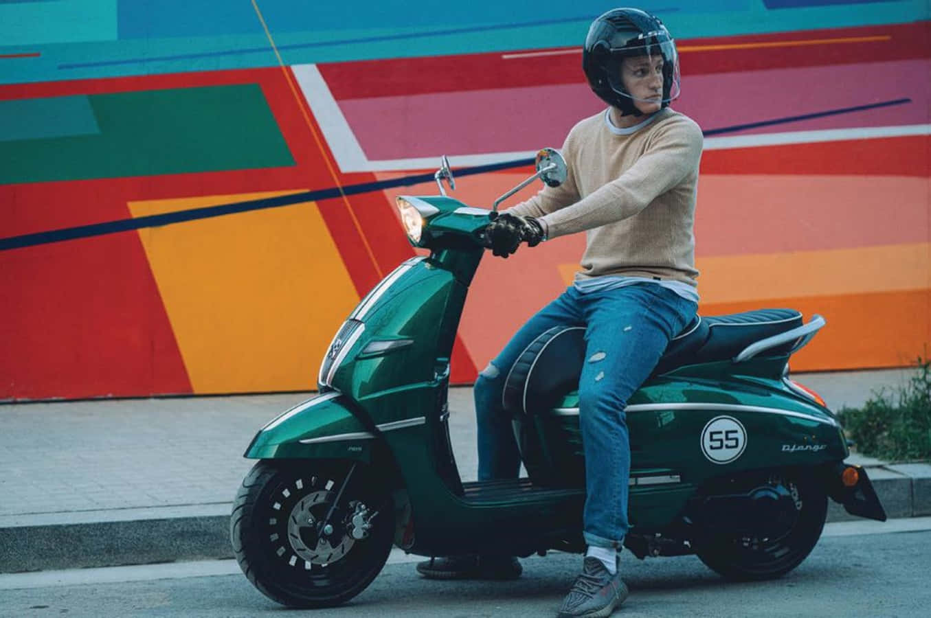 Green Peugeot Scooter Rider Urban Background Wallpaper