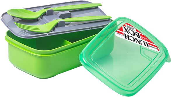 Green Plastic Lunch Boxwith Utensils PNG