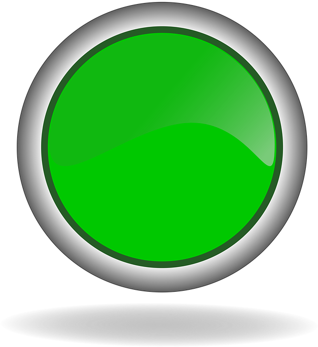 Un bouton vert brillant avec un bord métallique argenté, projetant une ombre subtile en dessous.