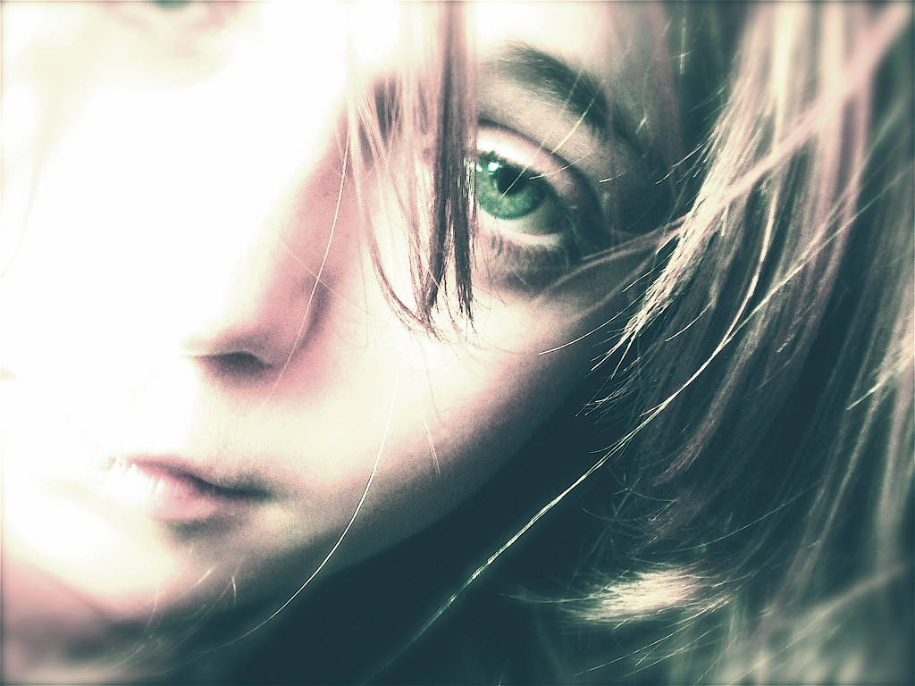 Green Sad Eyes With Bangs Wallpaper