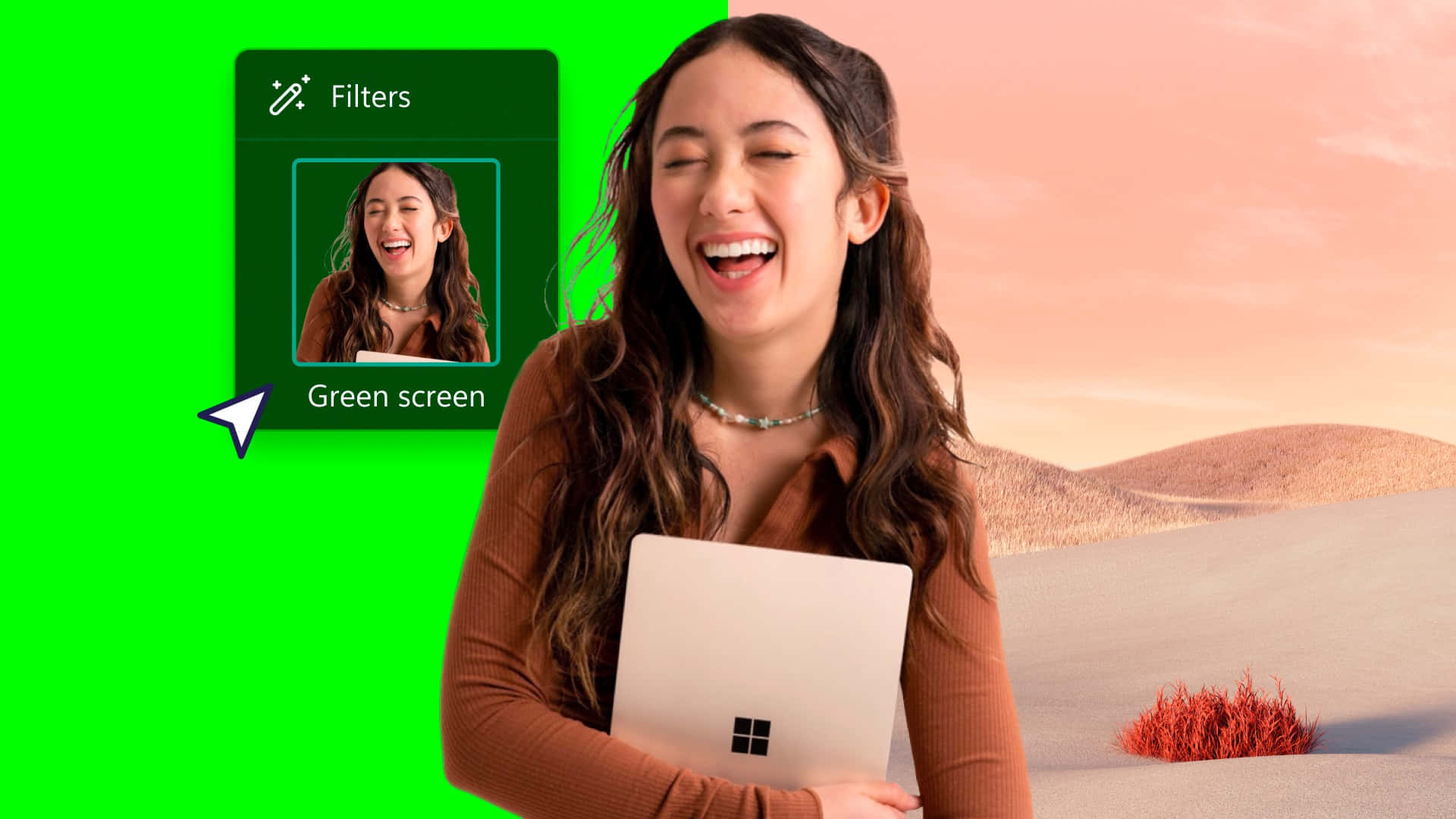 a woman is holding a laptop and smiling at a green screen