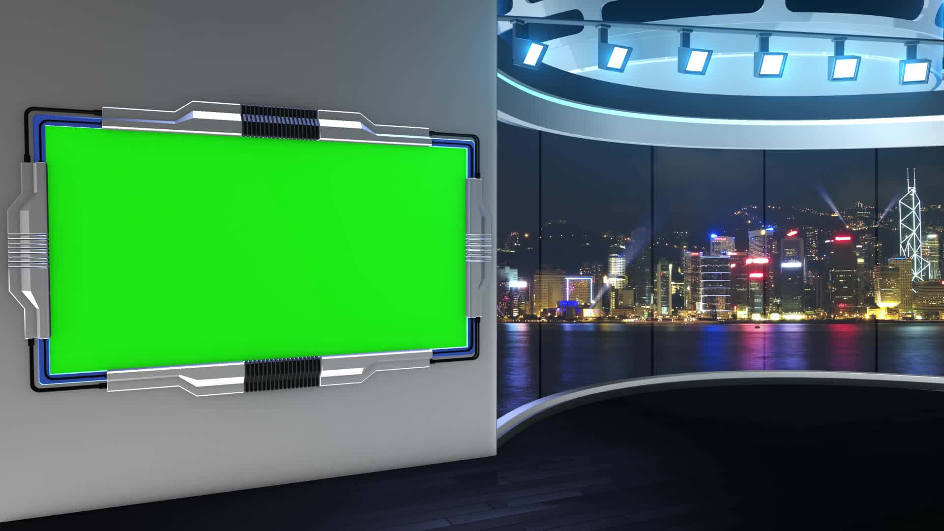a green screen in a studio with a city view