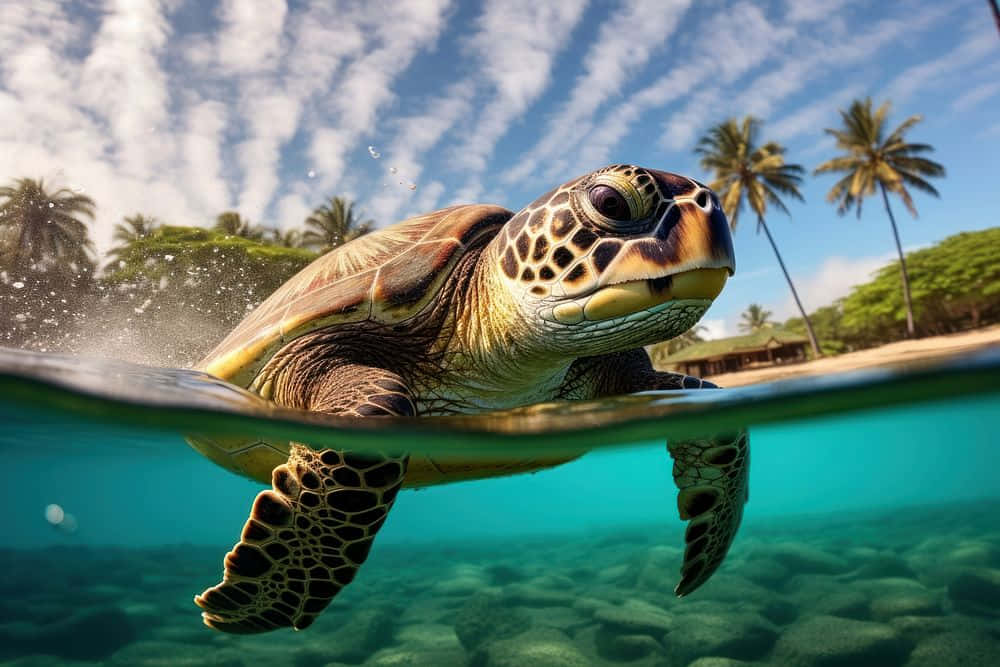 Green Sea Turtle Split View Underwater Wallpaper
