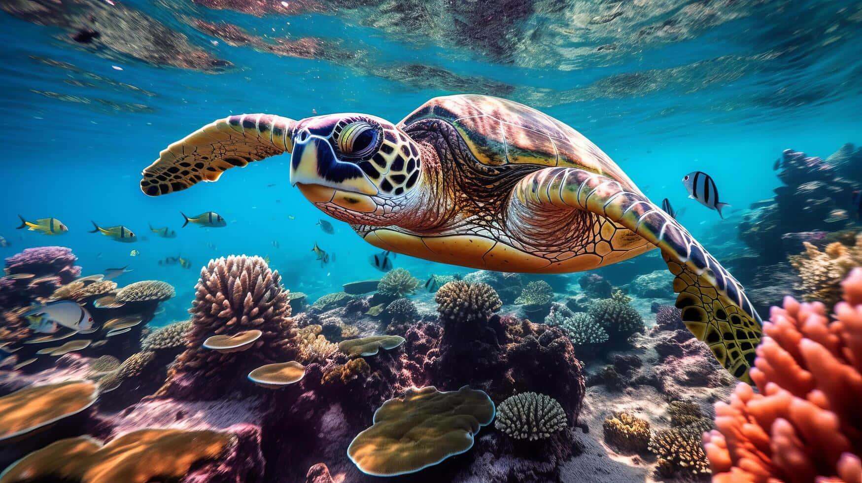 Green Sea Turtle Swimming Over Coral Reef Wallpaper