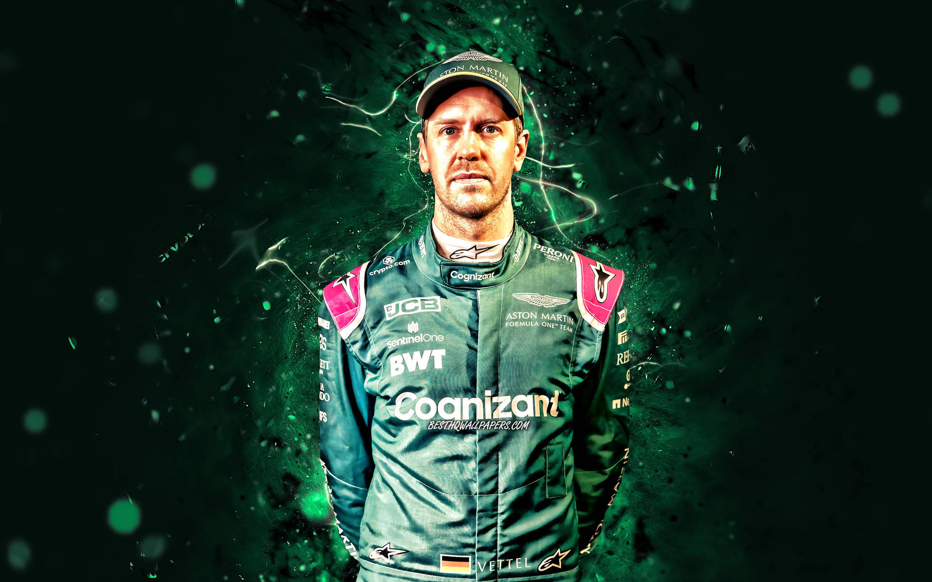 Sebastian Vettel Adorned in Green Racing Gear Wallpaper