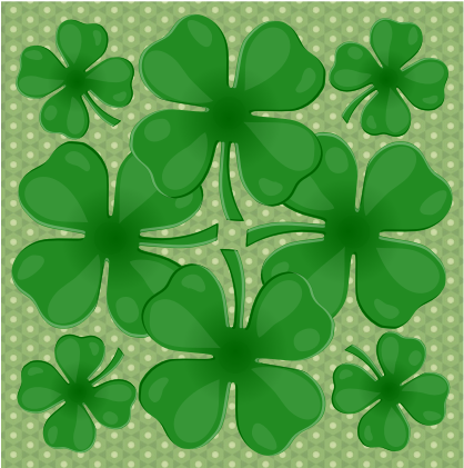 Green Shamrock Pattern Background PNG — Vibrant green four-leaf clovers float over a dotted green background in a repeating pattern.