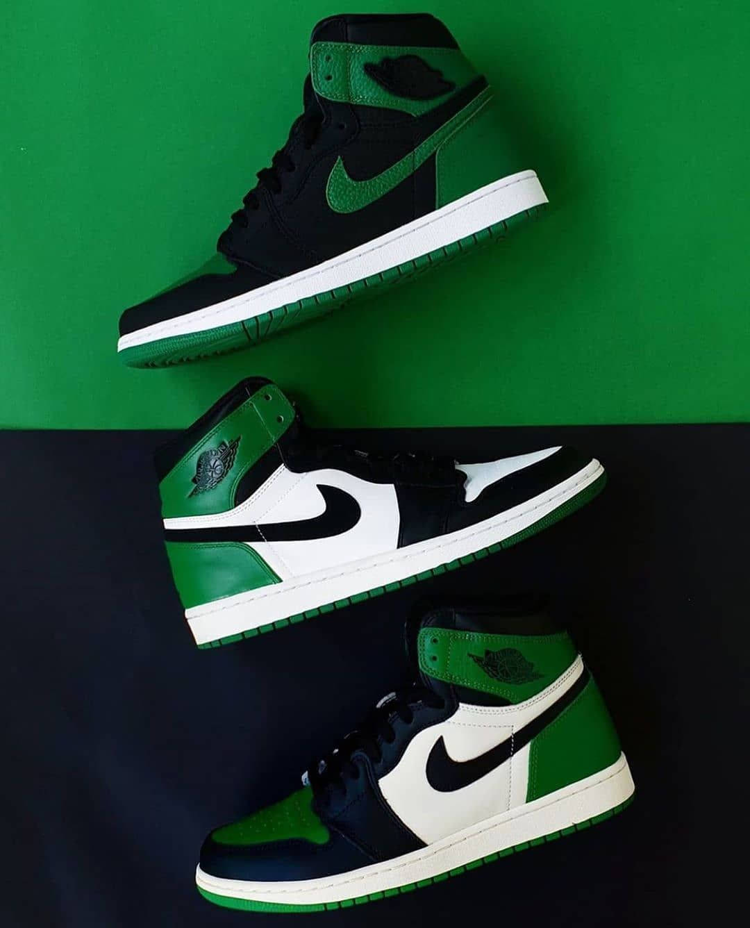 Two Pairs Of Air Jordan 1's Are Shown On A Green And Black Background Wallpaper