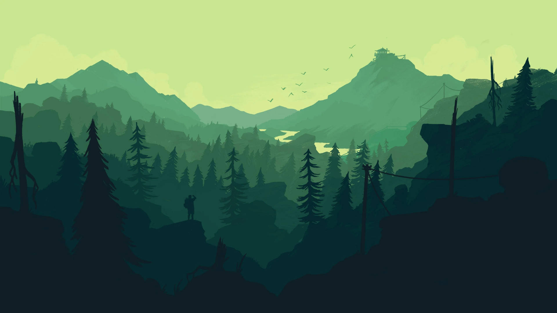 Green Sky, Mountains And Trees 4k Flat Wallpaper