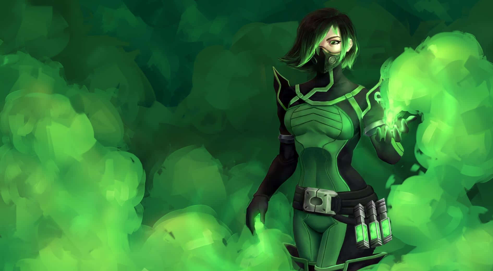 A Green Female Character Standing In Front Of Green Smoke