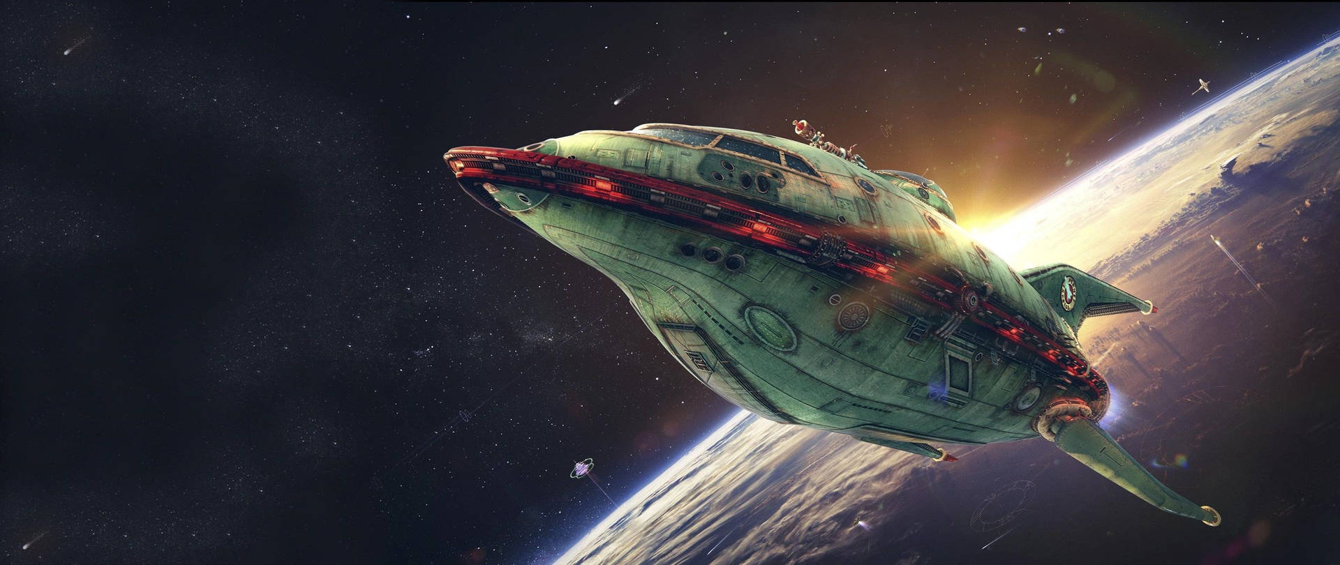 Green Spaceship In Outer Space