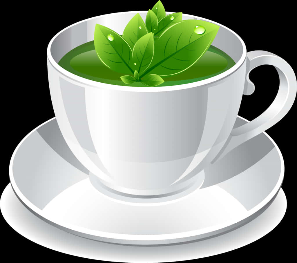 Green Tea Cupwith Leaves Vector PNG