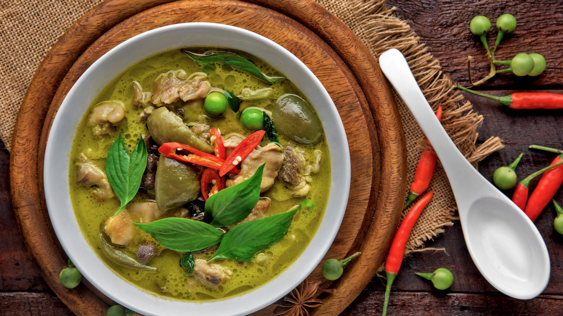 Green Thai Curry With Chili Top Angle Shot Wallpaper