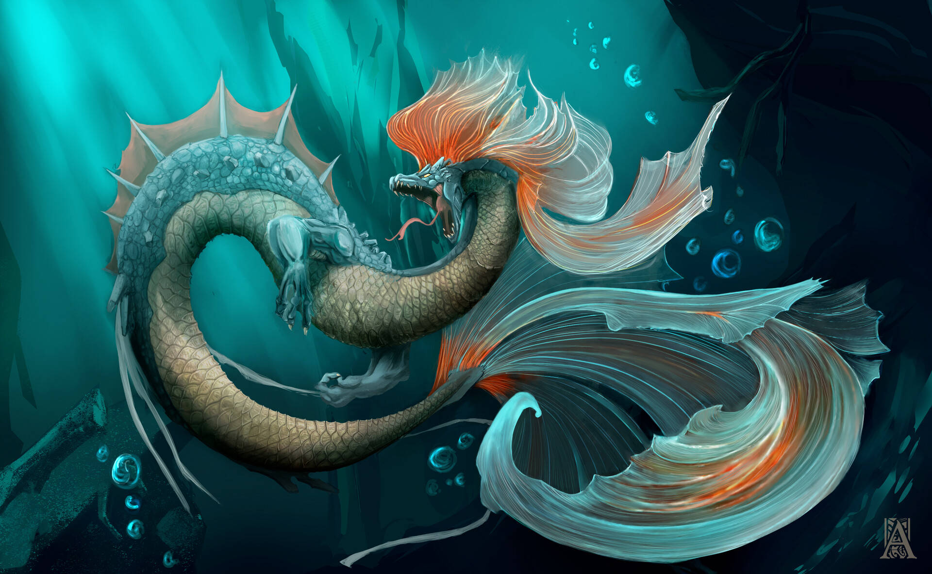 Download Green Water Snake Dragon Big Fins Wallpaper 