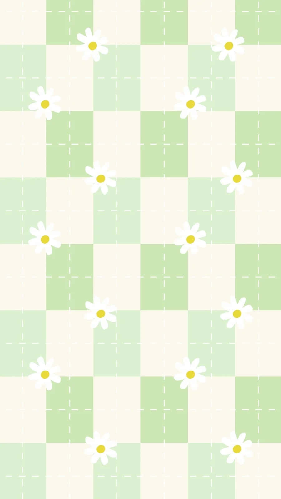 Green White Checkered Daisy Pattern Wallpaper