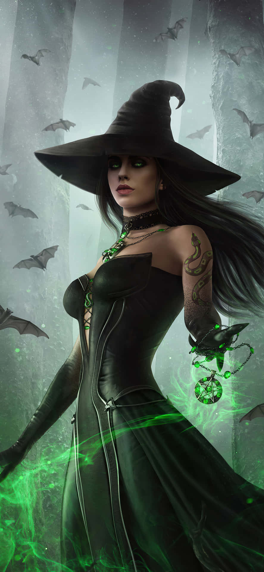 Embracing the Mystery of the Green Witch Wallpaper