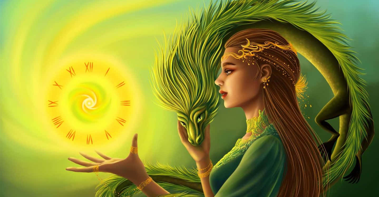 Enchanting Green Witch casting a spell in the forest Wallpaper