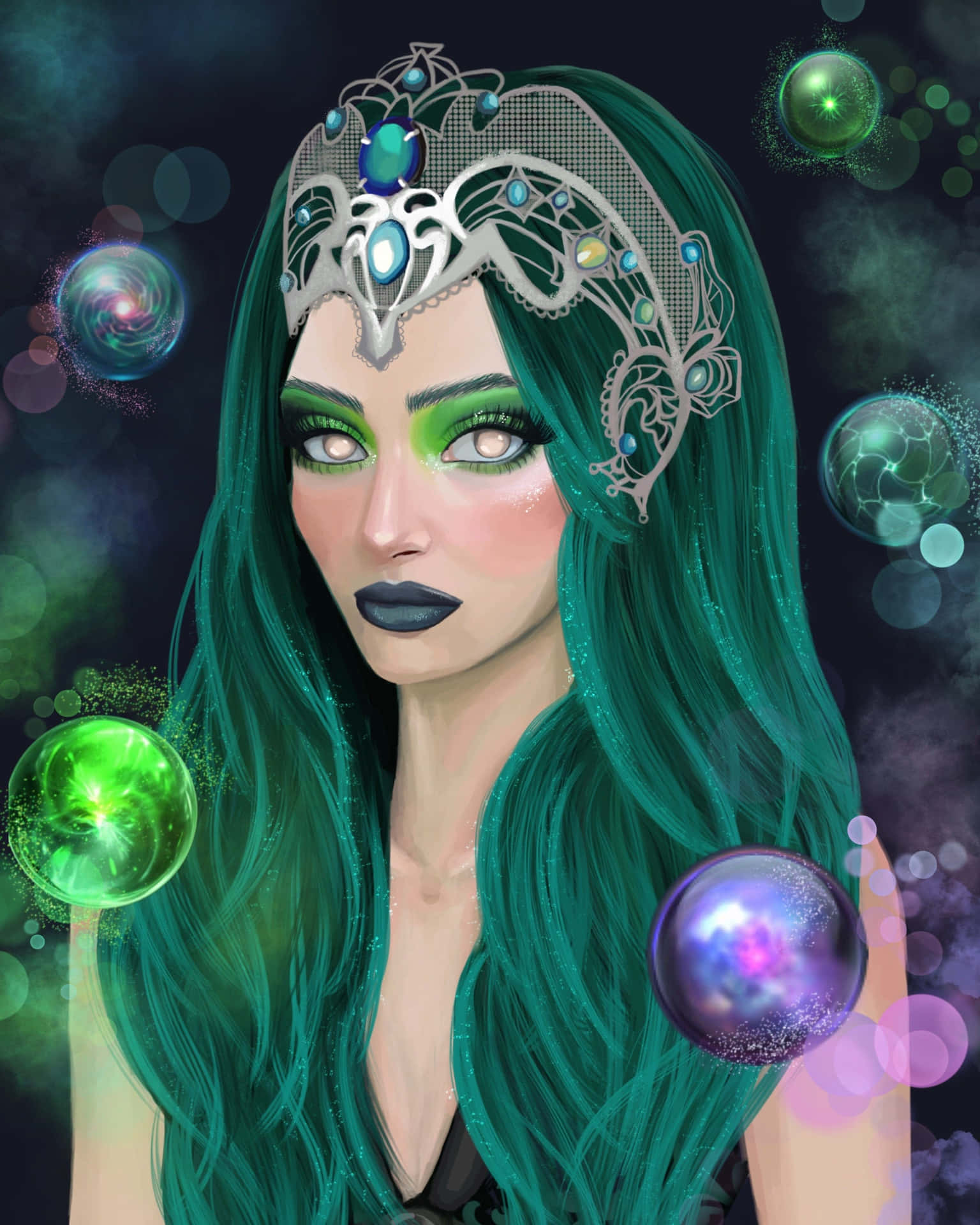 Mystical Green Witch in Enchanted Forest Wallpaper