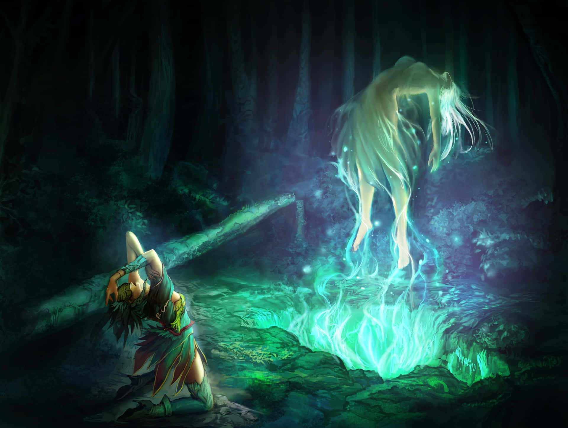 Enchanting Green Witch in Mystical Forest Wallpaper