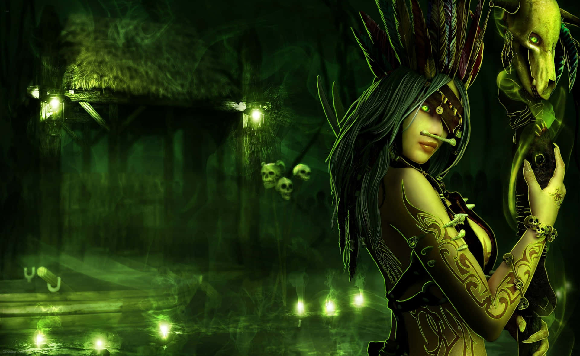 Enchanting Green Witch in Nature Wallpaper