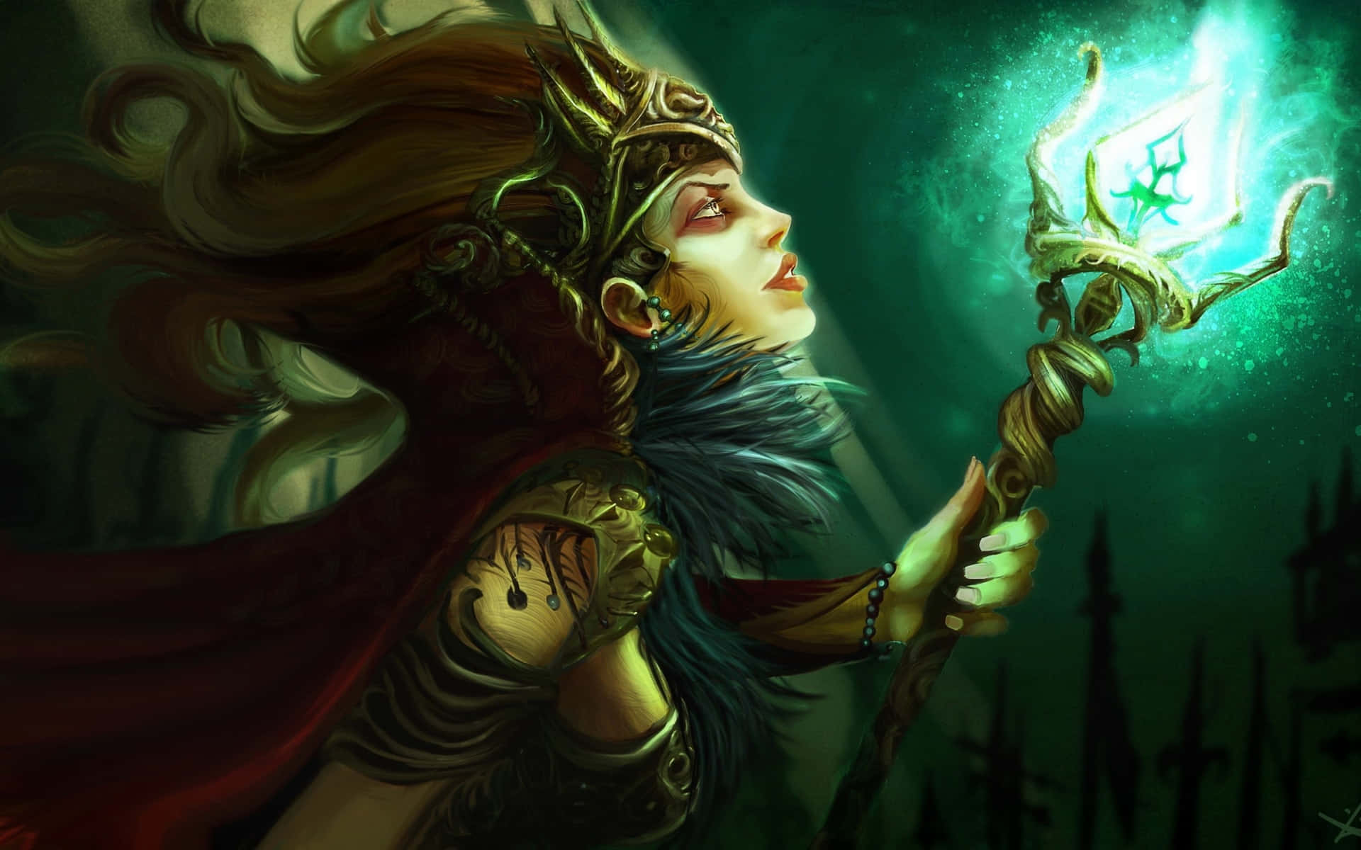 Enchanting Green Witch in a Mystical Forest Wallpaper