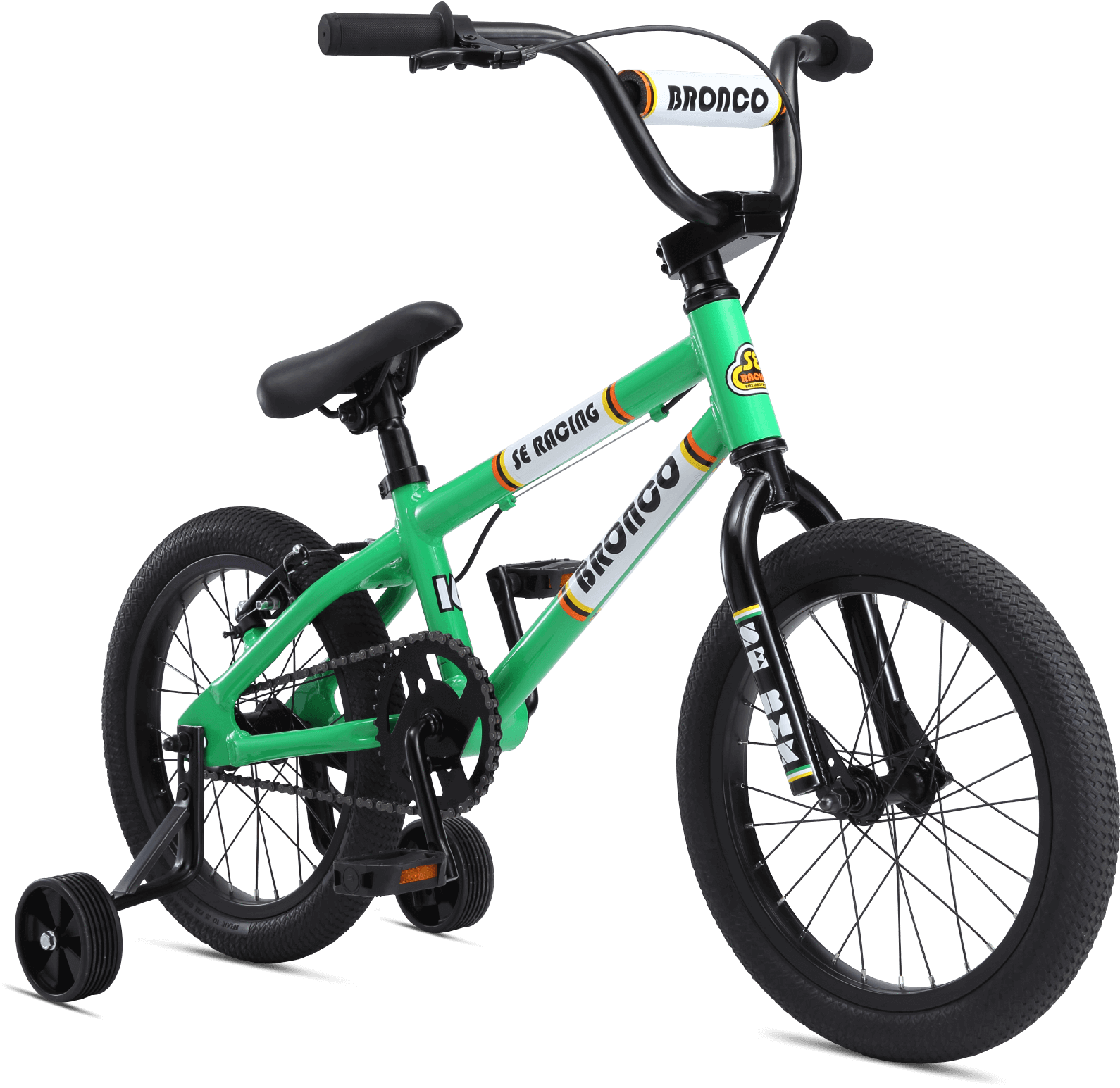 Green Youth B M X Bike With Training Wheels PNG