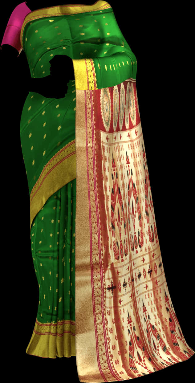 Greenand Gold Traditional Sareewith Red Pallu PNG