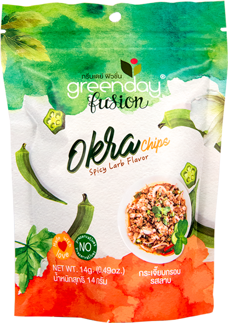 Greenday Fusion Okra Chips Spicy Larb Flavor Package PNG