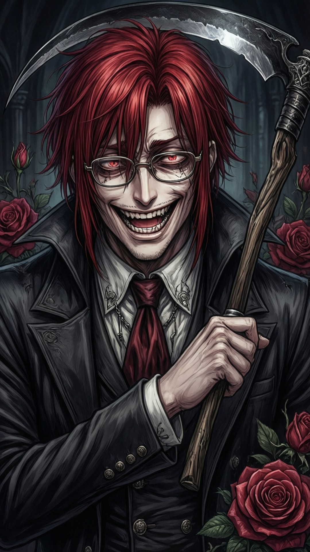 Wallpaper anime gotik dari Grell Sutcliff tertawa dengan sabit.