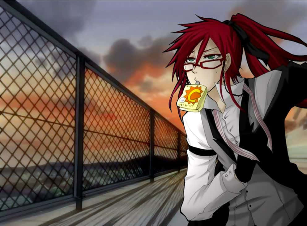 Grell Sutcliff striking a pose with a weapon in hand and a sinister smile in front of a haunting mansion backdrop. Wallpaper