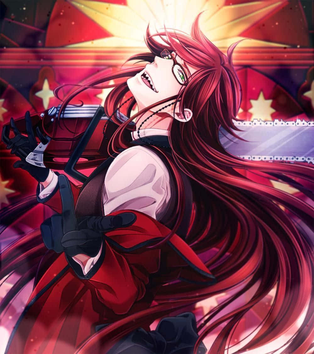 Grell Sutcliff in a captivating pose on a red background Wallpaper
