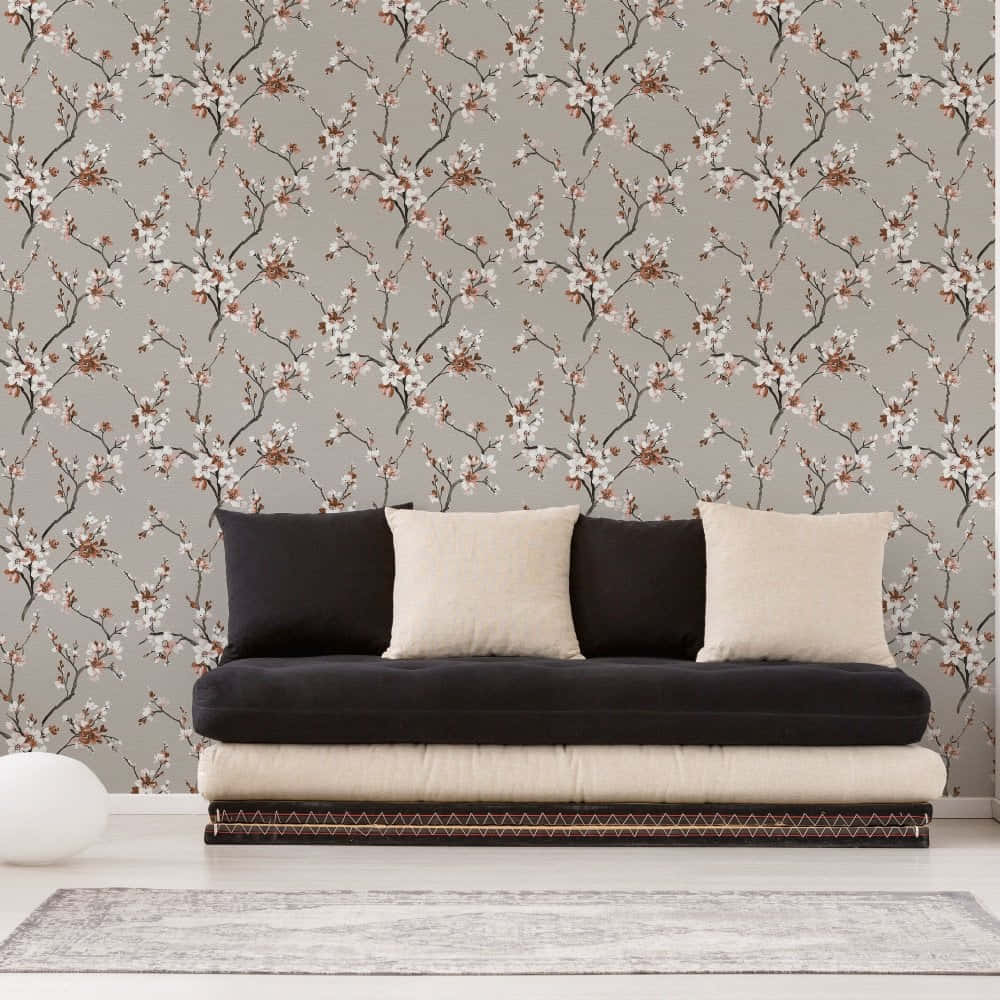 A Living Room With A Couch And A Floral Wallpaper Wallpaper