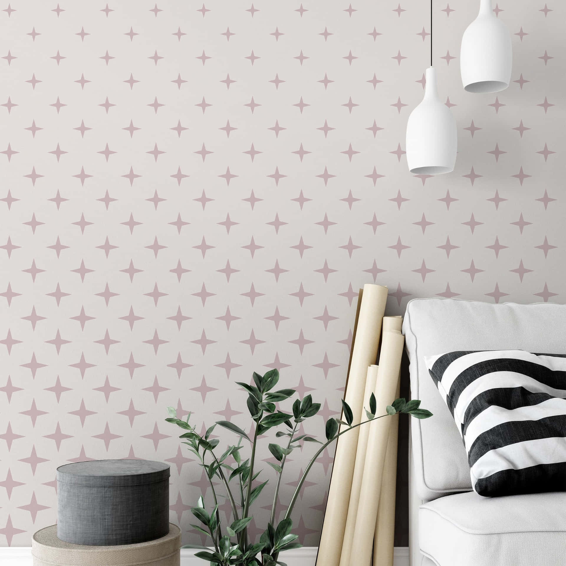 A Pink And White Living Room With A White Couch And A Pink Wall Wallpaper