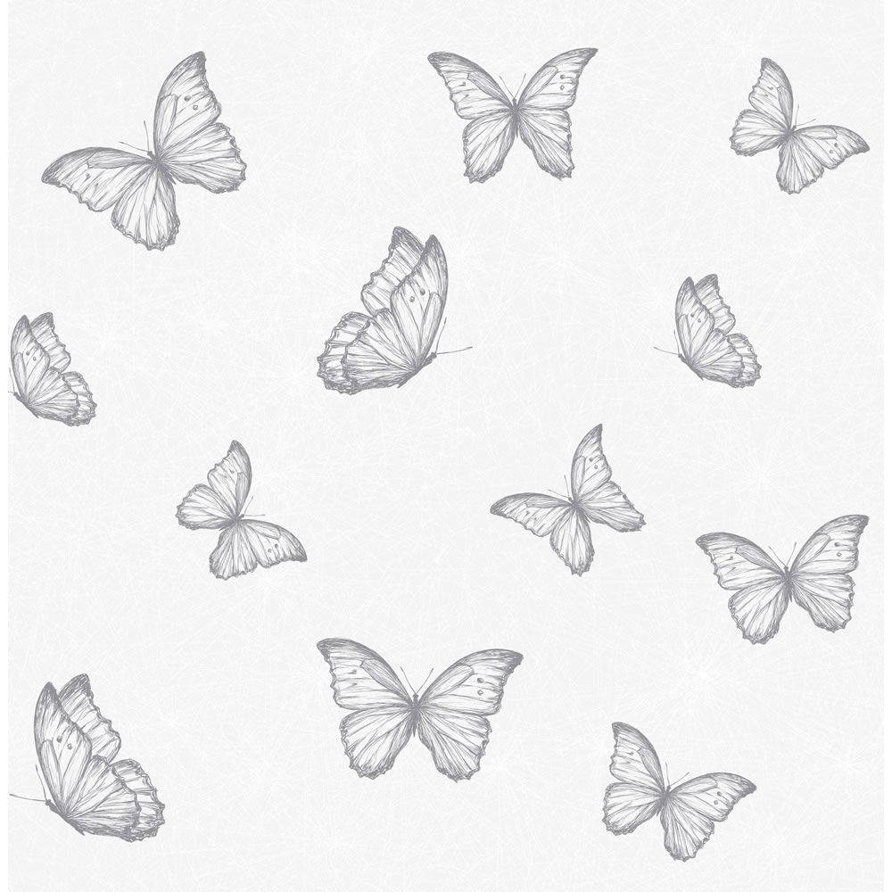 Grey butterfly art against a backdrop of vibrant blooms Wallpaper