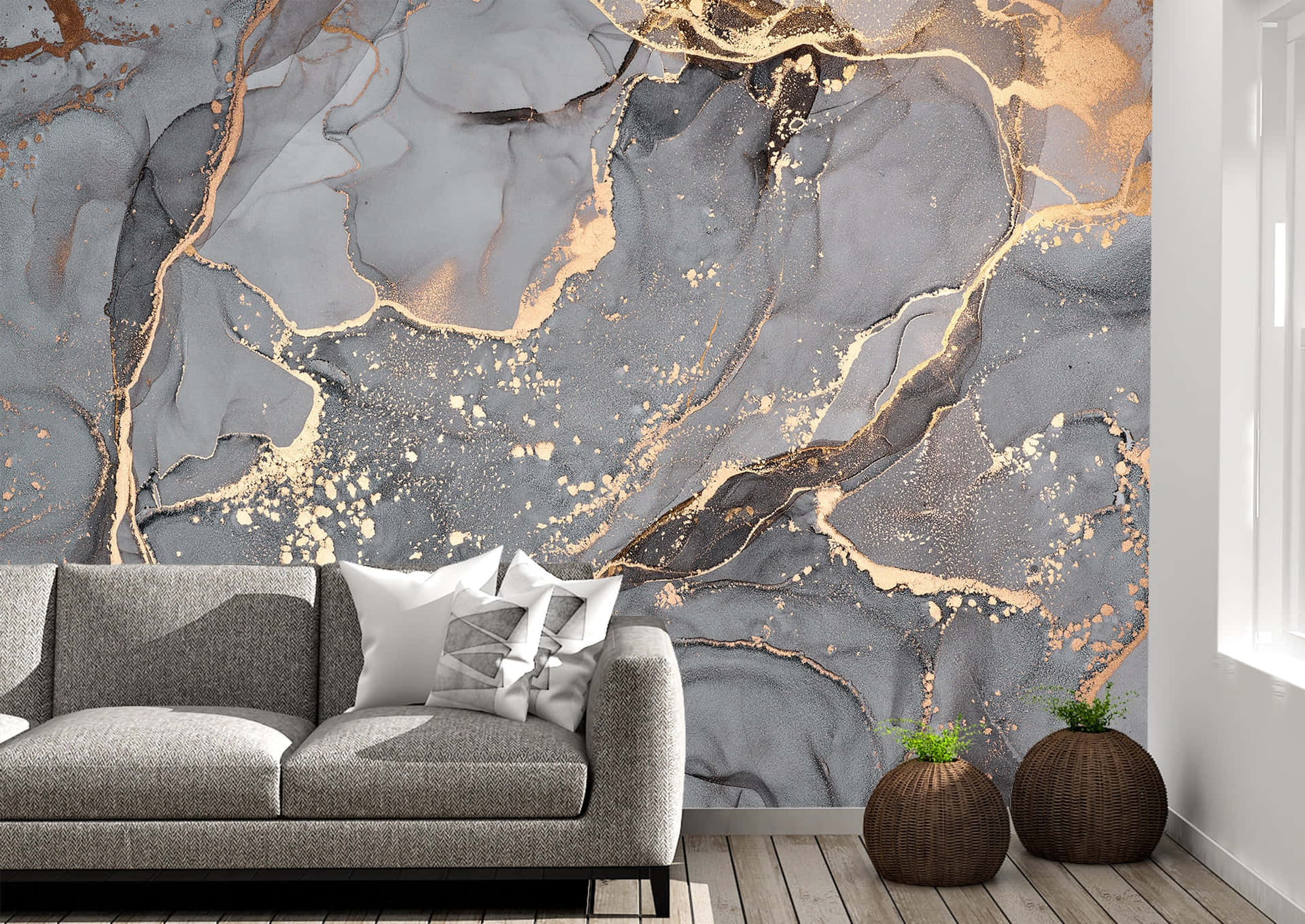A Living Room With A Gold And Grey Marble Wall Wallpaper