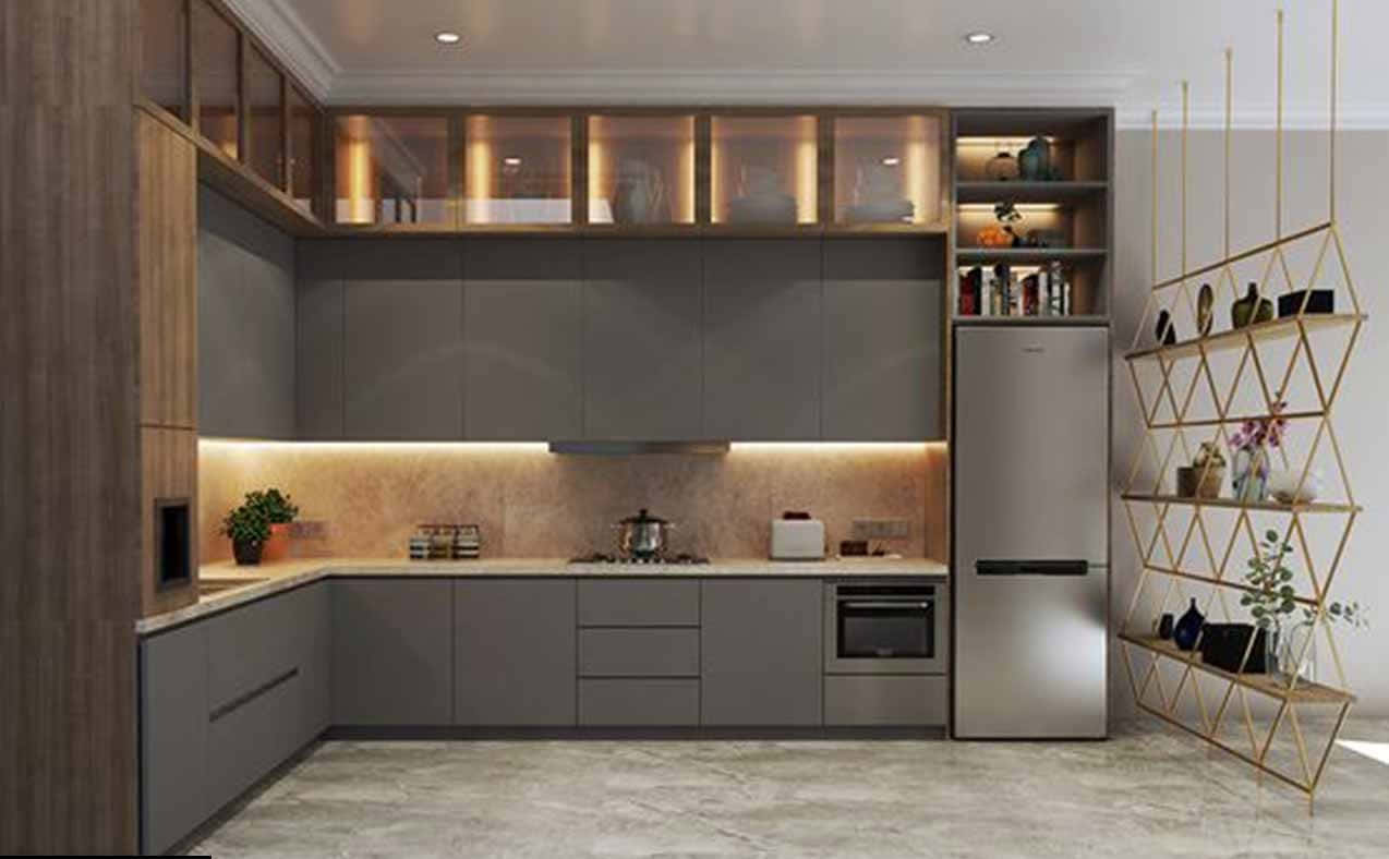 Grey Modular Kitchen With Lights Picture