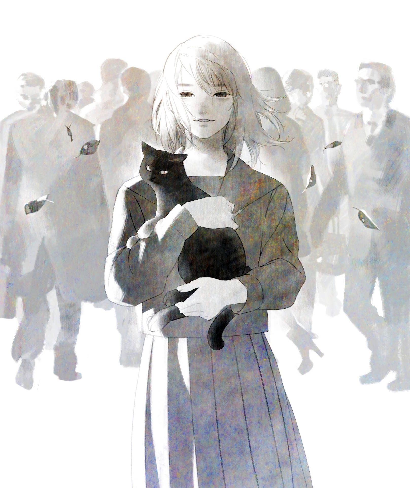 Grey woman carrying a black cat with silhouette background, animated HD wallpaper.
