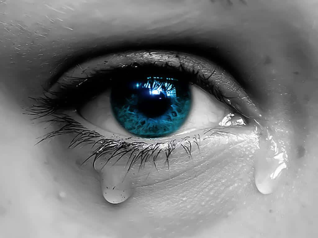 Gråtoneblå øje græder med tårer Wallpaper