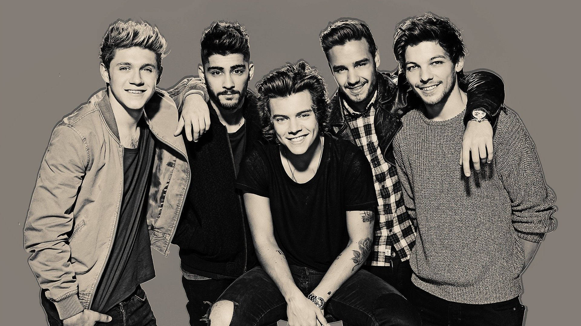 Image  5 members of One Direction pose for the band's iconic greyscale photo Wallpaper