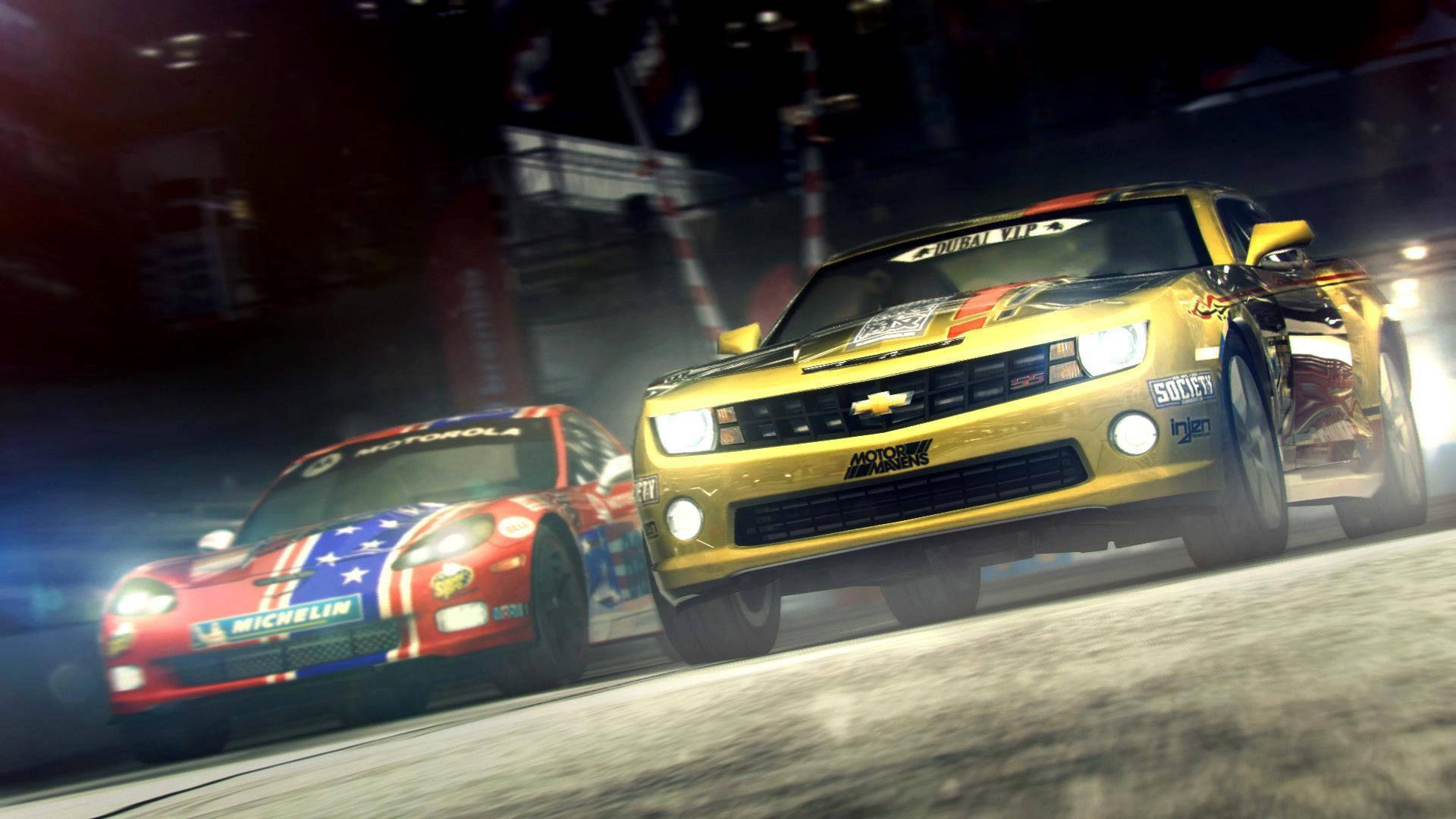 Exciting Grid 2 Racing Action Featuring Yellow and Red Cars Wallpaper