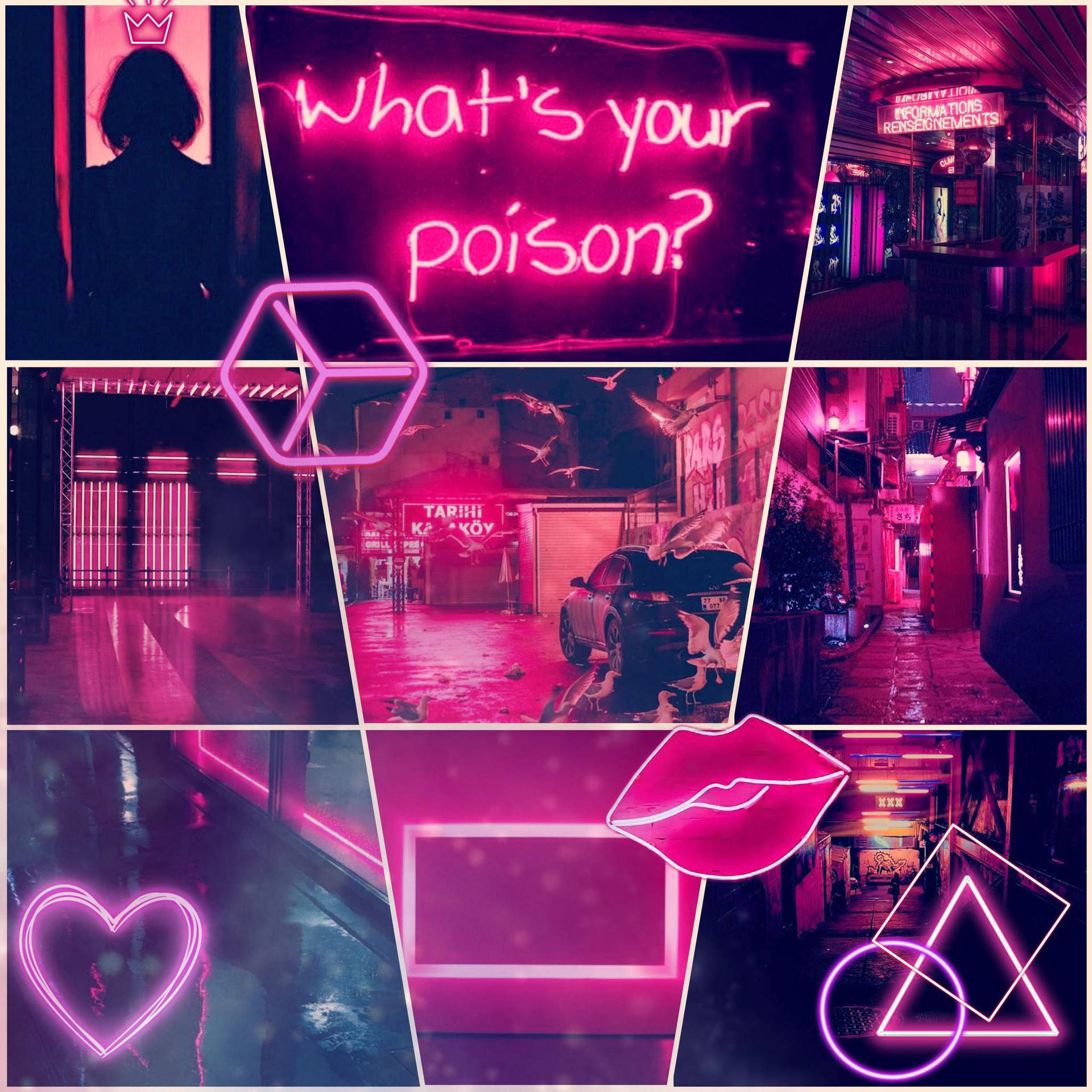Collagea Griglia Di Foto Neon Rosa Con Forme Sfondo