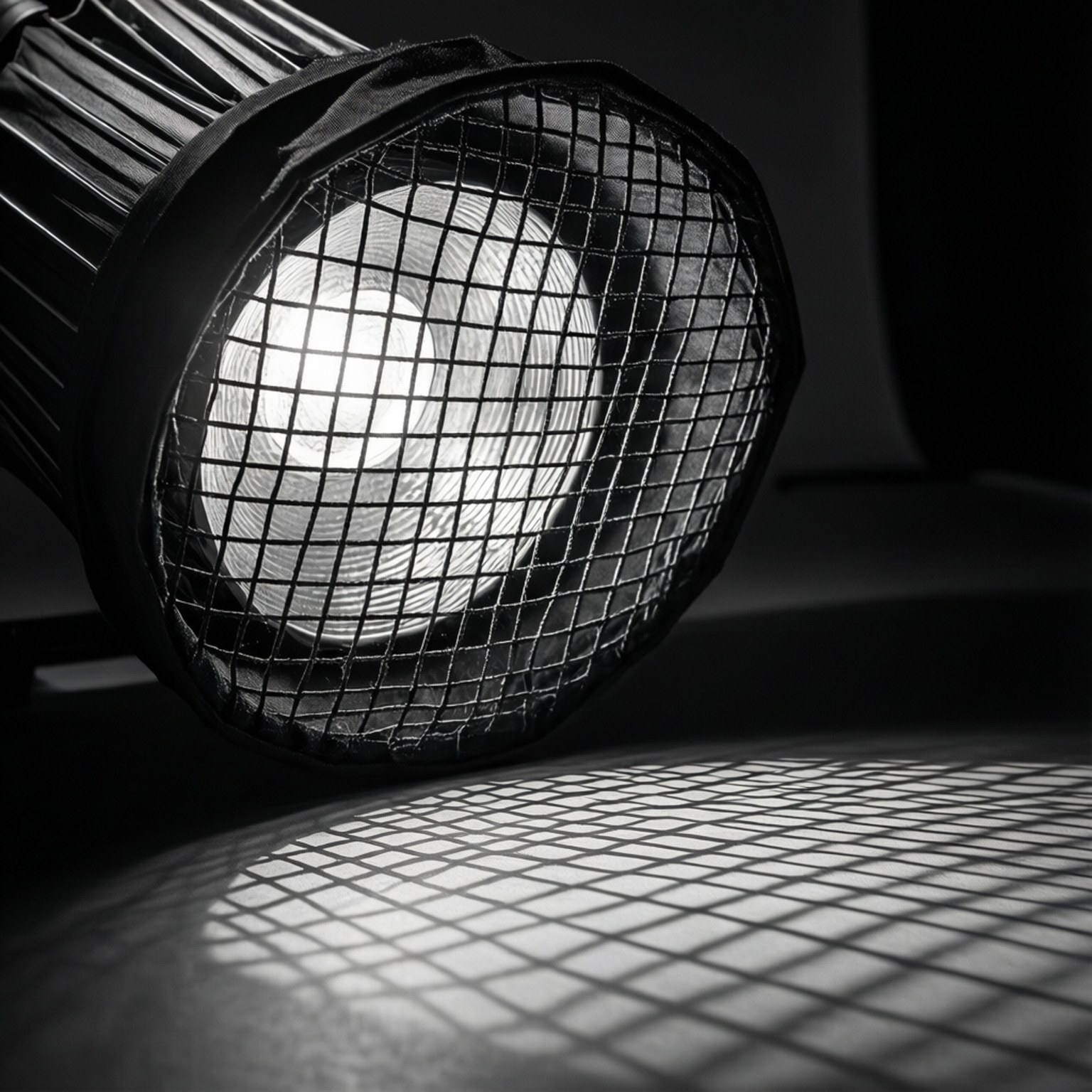 Padrão abstrato de uma luz de estúdio com grade, preto e branco.