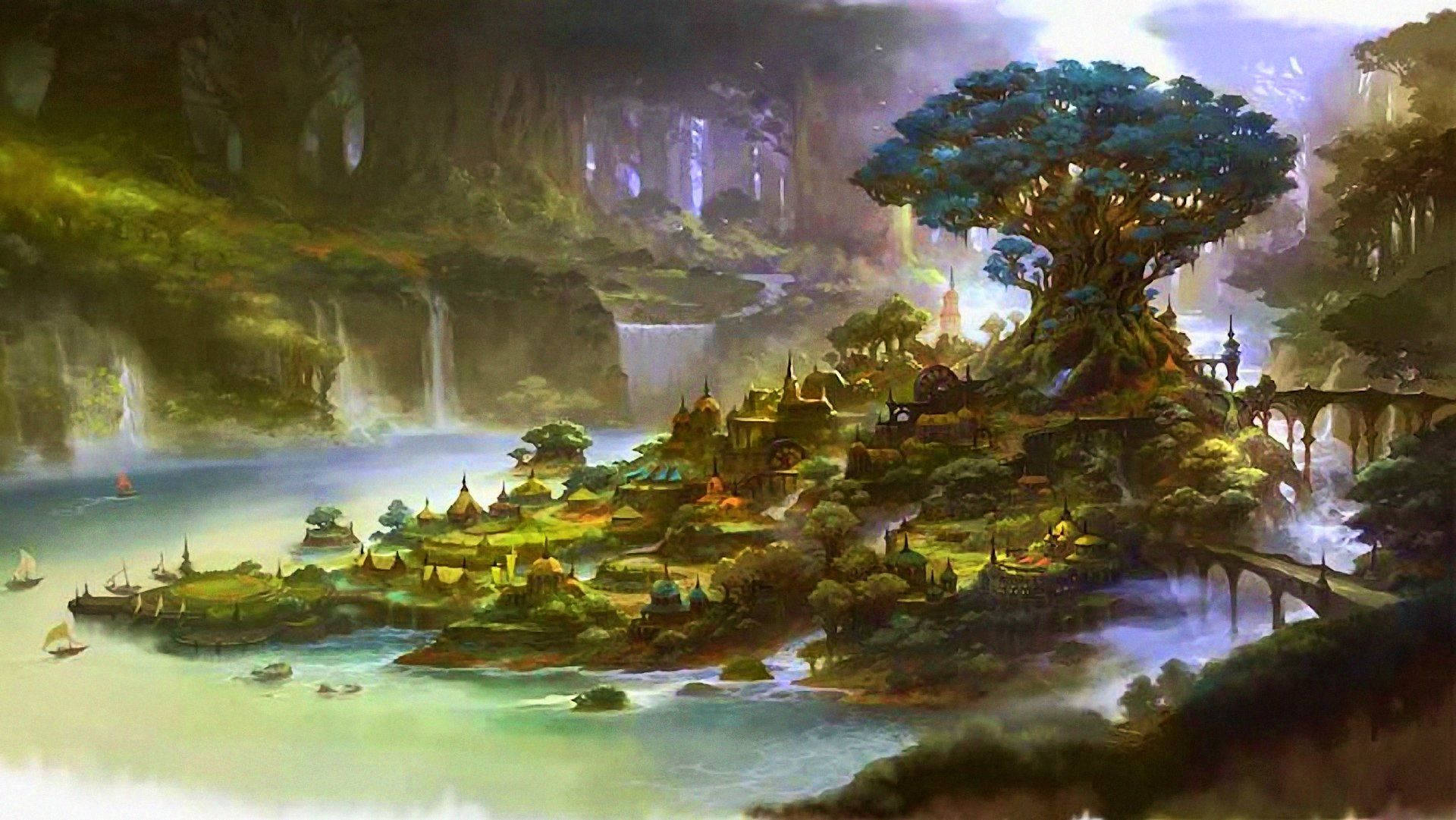 "Welcome to Gridania, the lush forest city in the world of Eorzea." Wallpaper